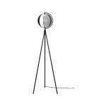 Oblure Mondo Golvlampa består av en sfärisk opalglasglob omgiven av fyra rörliga metallskärmar med grafiska mönster.