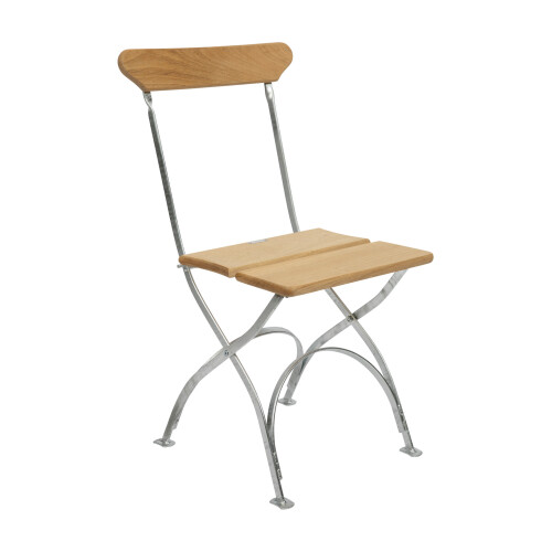 Bryggeristol från Grythyttan Stålmöbler är en fällbar stol i oljad ek och varmförzinkat stål.